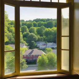 A view from a window overlooking the city of Maplewood with lush green hills in the background