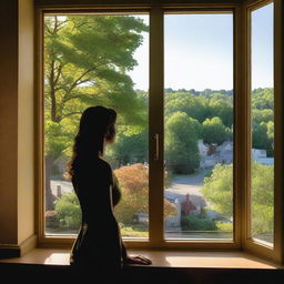 A view from a window overlooking the city of Maplewood with lush green hills in the background