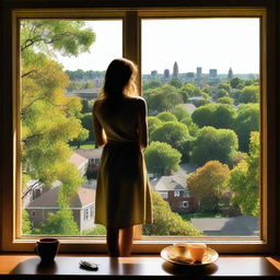 A view from a window overlooking the city of Maplewood with lush green hills in the background