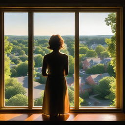 A view from a window overlooking the city of Maplewood with lush green hills in the background