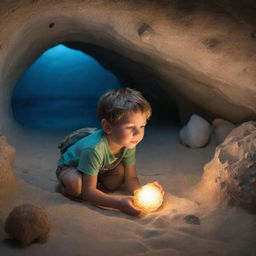 Oliver, in a hidden cave, discovering a glowing seashell. As he listens to the shell, imagine ethereal whispers enveloping him. An enchanting voice leads him to a mysterious treasure map etched into the cave walls.