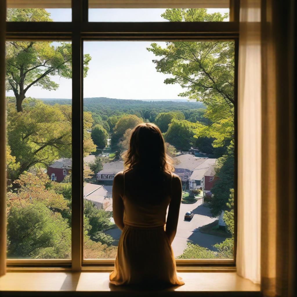 A view from a window overlooking the city of Maplewood with lush green hills in the background