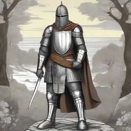 Illustration of an imposing Baltic knight adorned in impressive full-body lamellar, scale, or plate armor, wearing an imposing helmet that covers the face with a chainmail facemask