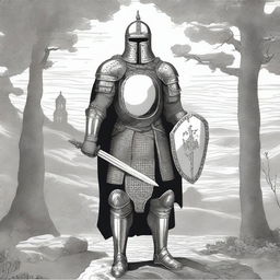 Illustration of an imposing Baltic knight adorned in impressive full-body lamellar, scale, or plate armor, wearing an imposing helmet that covers the face with a chainmail facemask