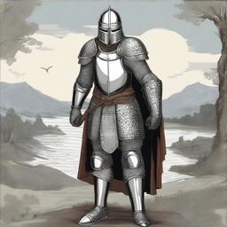 Illustration of an imposing Baltic knight adorned in impressive full-body lamellar, scale, or plate armor, wearing an imposing helmet that covers the face with a chainmail facemask