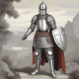 Illustration of an imposing Baltic knight adorned in impressive full-body lamellar, scale, or plate armor, wearing an imposing helmet that covers the face with a chainmail facemask