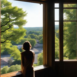 A view from a window overlooking the city of Maplewood with lush green hills in the background