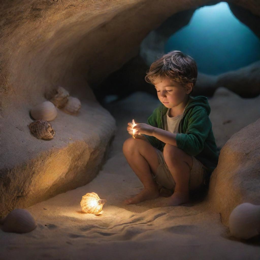 Oliver, in a hidden cave, discovering a glowing seashell. As he listens to the shell, imagine ethereal whispers enveloping him. An enchanting voice leads him to a mysterious treasure map etched into the cave walls.