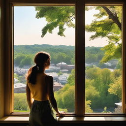 A view from a window overlooking the city of Maplewood with lush green hills in the background