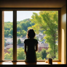 A view from a window overlooking the city of Maplewood with lush green hills in the background