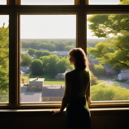 A view from a window overlooking the city of Maplewood with lush green hills in the background