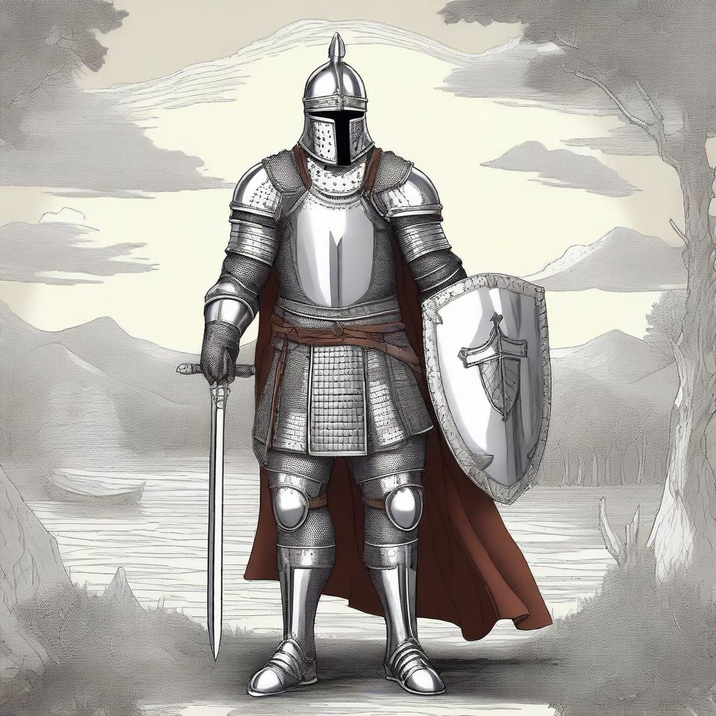 Illustration of an imposing Baltic knight adorned in impressive full-body lamellar, scale, or plate armor, wearing an imposing Varangian-style helmet that covers the entire face