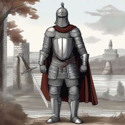 Illustration of an imposing Baltic knight adorned in impressive full-body lamellar, scale, or plate armor, wearing an imposing Varangian-style helmet that covers the entire face