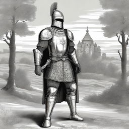 Illustration of an imposing Baltic knight adorned in impressive full-body lamellar, scale, or plate armor, wearing an imposing Varangian-style helmet that covers the entire face