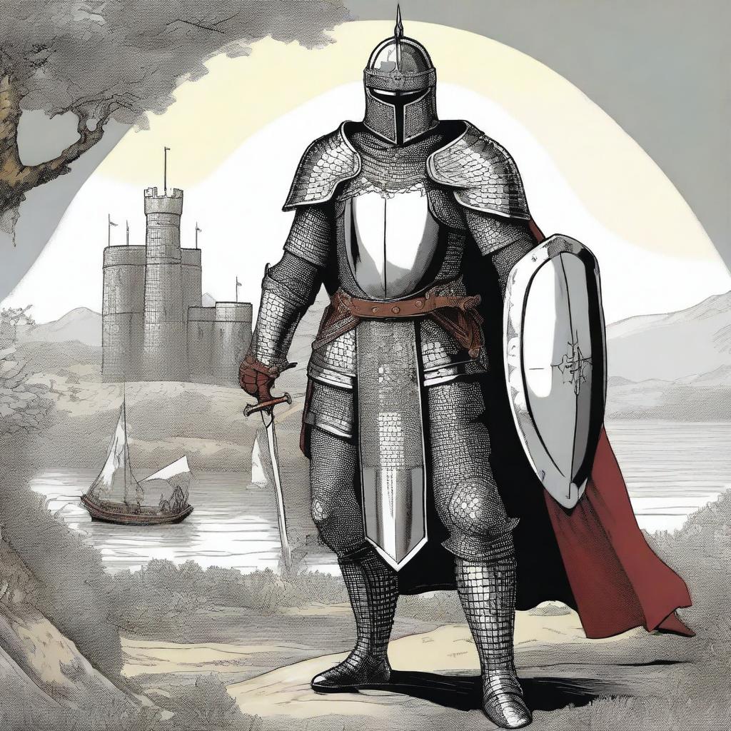 Illustration of an imposing Baltic knight adorned in impressive full-body lamellar, scale, or plate armor