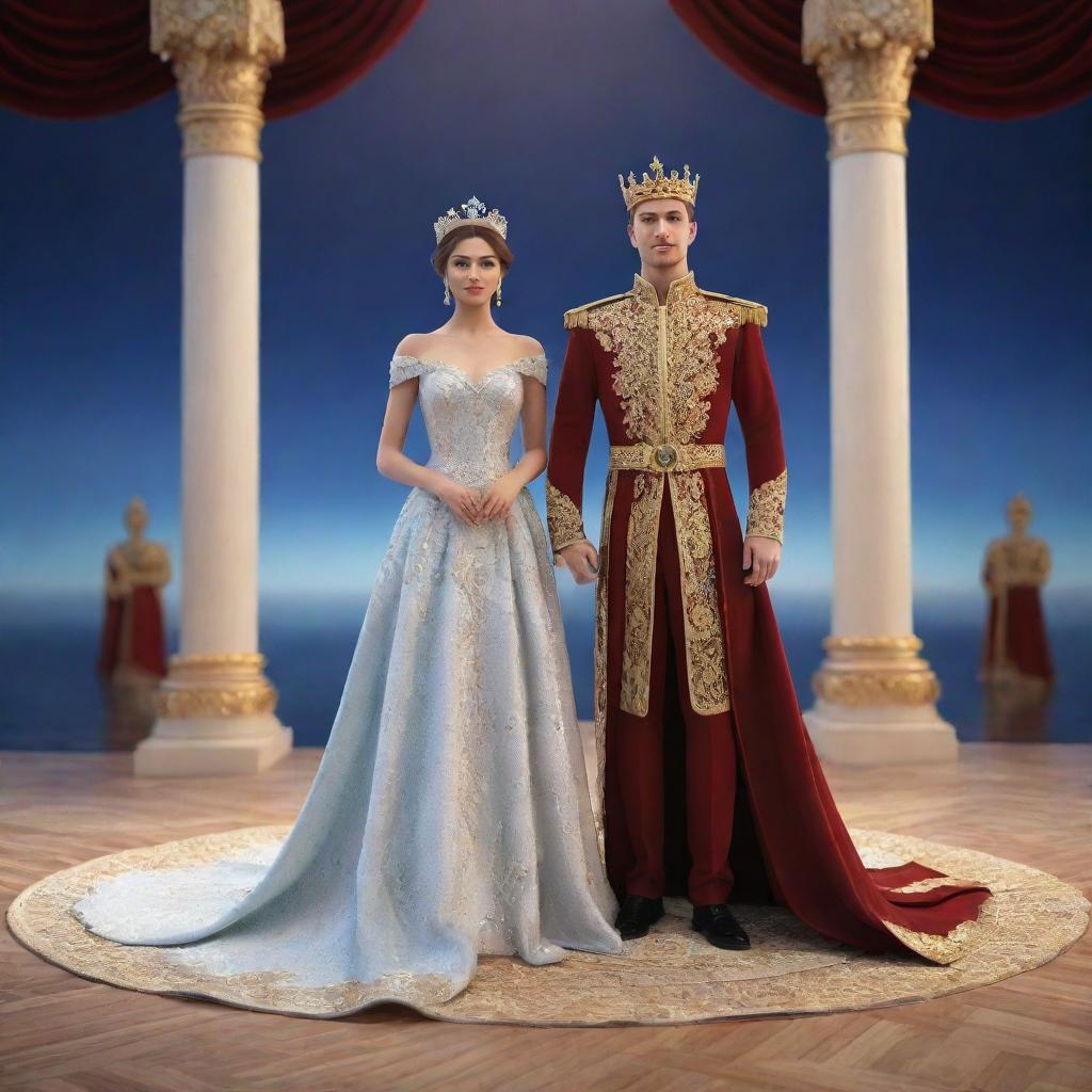 A 3D image of a young king and queen standing on a dazzling stage. Dressed in royal attire, they stand back-to-back, their gazes fixed on the sea of audience, embodying their serene regality.