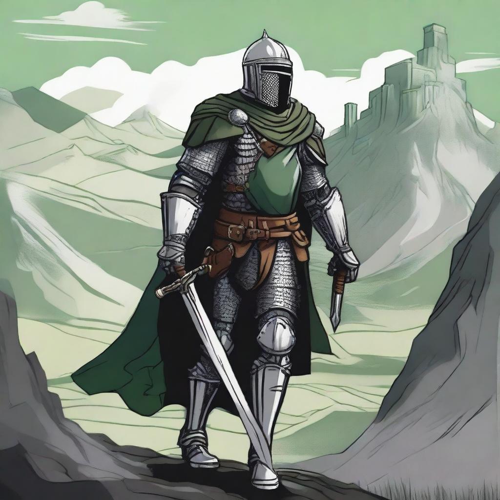 Illustration of a traveling mercenary knight whose face is obscured by an imposing helmet