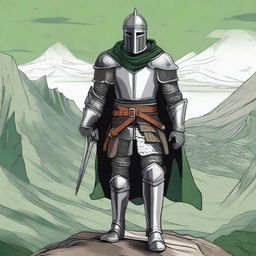 Illustration of a traveling mercenary knight whose face is obscured by an imposing helmet