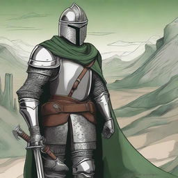 Illustration of a traveling mercenary knight whose face is obscured by an imposing helmet