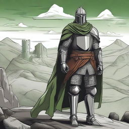 Illustration of a traveling mercenary knight whose face is obscured by an imposing helmet