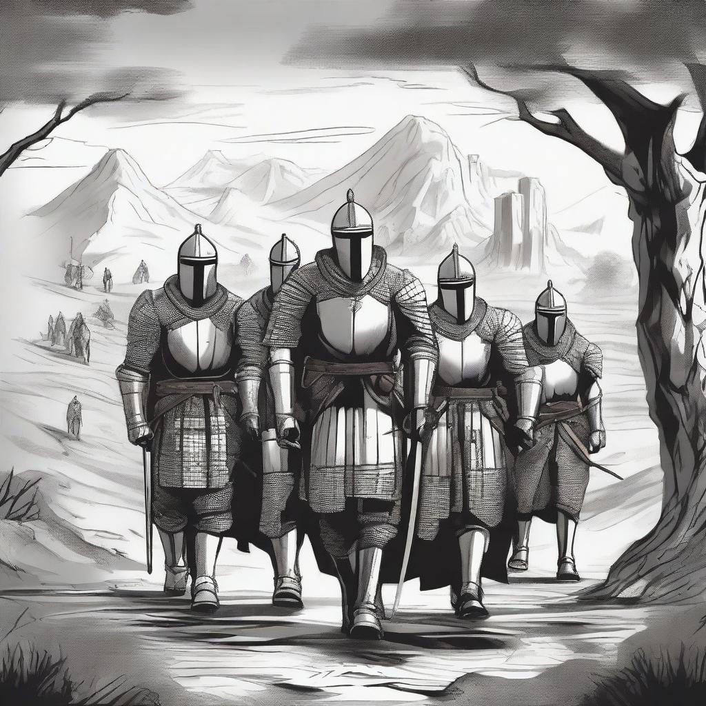 Illustration of a traveling group of knights whose faces are obscured by imposing helmets