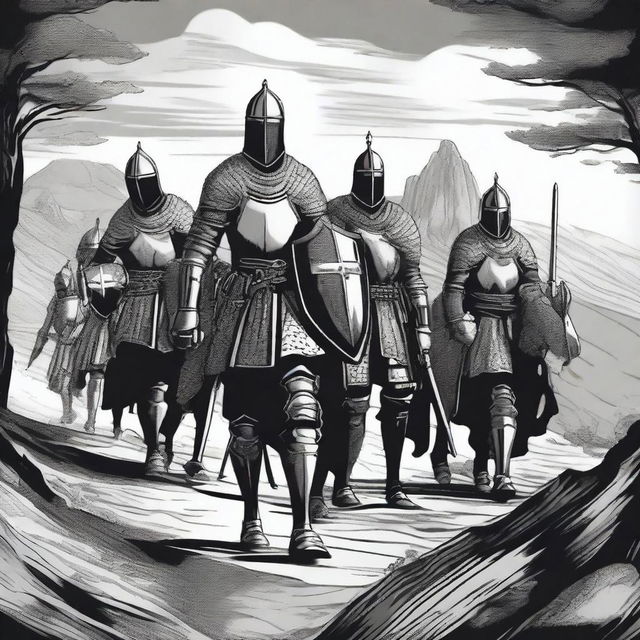 Illustration of a traveling group of knights whose faces are obscured by imposing helmets