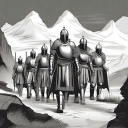 Illustration of a traveling group of knights whose faces are obscured by imposing helmets