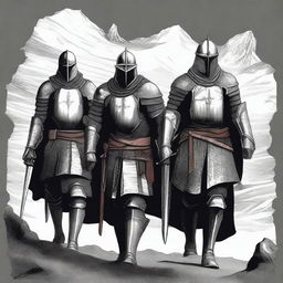 Illustration of a traveling group of knights whose faces are obscured by imposing helmets