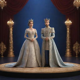 A 3D image of a young king and queen standing on a dazzling stage. Dressed in royal attire, they stand back-to-back, their gazes fixed on the sea of audience, embodying their serene regality.