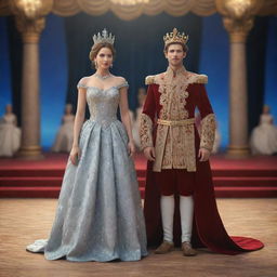 A 3D image of a young king and queen standing on a dazzling stage. Dressed in royal attire, they stand back-to-back, their gazes fixed on the sea of audience, embodying their serene regality.