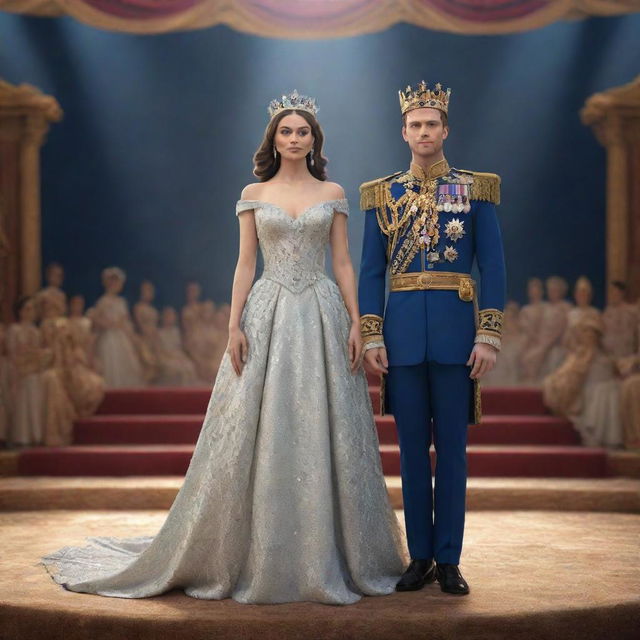 A 3D image of a young king and queen standing on a dazzling stage. Dressed in royal attire, they stand back-to-back, their gazes fixed on the sea of audience, embodying their serene regality.