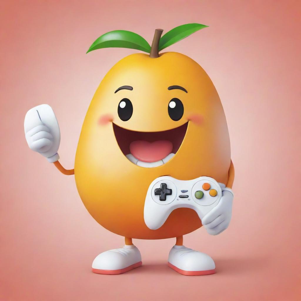 A cartoon-style mango with a happy face, holding a video game controller in its hand