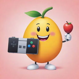 A cartoon-style mango with a happy face, holding a video game controller in its hand