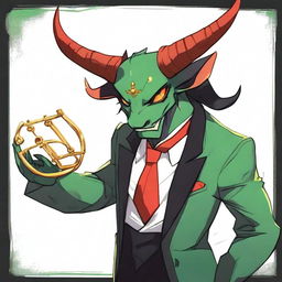 A male demon standing 5 foot 7 with red skin, two big black horns, and green eyes