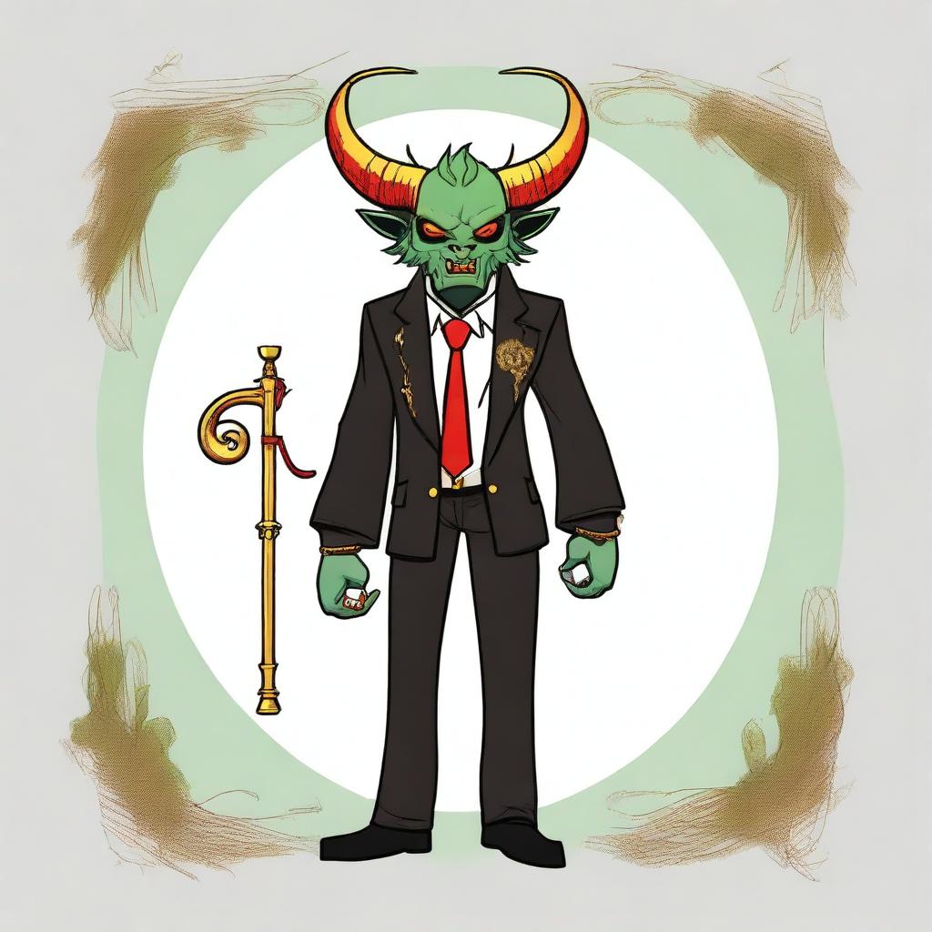 A male demon standing 5 foot 7 with red skin, two big black horns, and green eyes