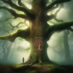 Create a book cover featuring a mystical forest with an ancient, towering tree at its center