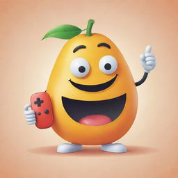 A cartoon-style mango with a happy face, holding a video game controller in its hand