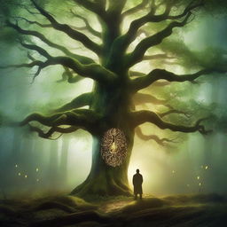 Create a book cover featuring a mystical forest with an ancient, towering tree at its center