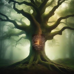 Create a book cover featuring a mystical forest with an ancient, towering tree at its center