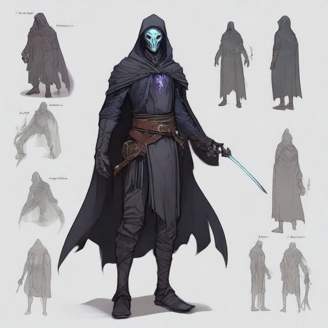 A detailed character design for a male changeling who is a phantom rogue in a Dungeons & Dragons setting