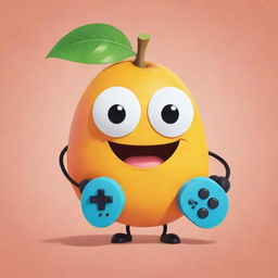 A cartoon-style mango with a happy face, holding a video game controller in its hand