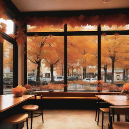 A cozy fall-themed cafe with no visible people or faces