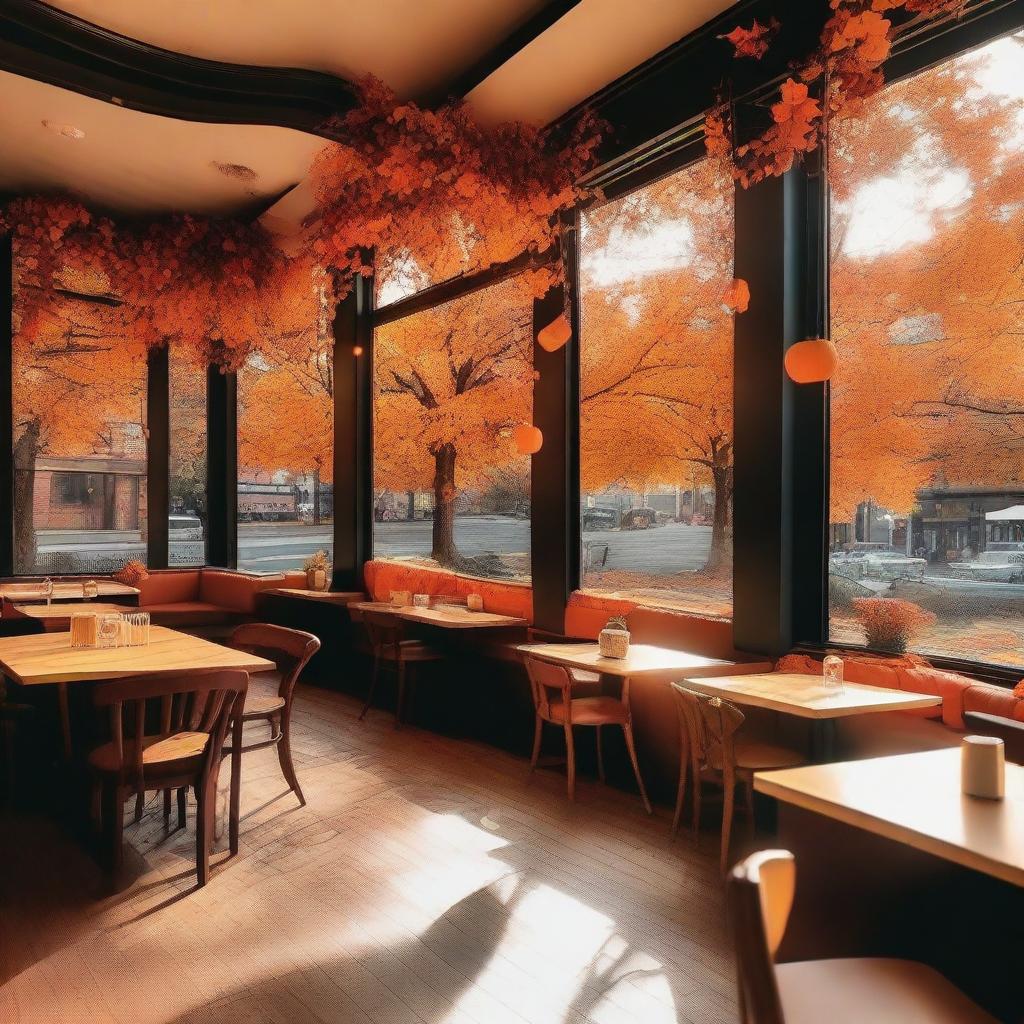 A cozy fall-themed cafe with no visible people or faces