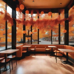 A cozy fall-themed cafe with no visible people or faces