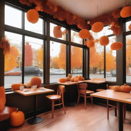 A cozy fall-themed cafe with no visible people or faces