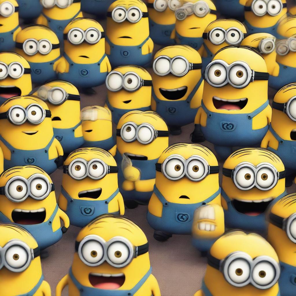 A chaotic scene where all the minions from the Despicable Me universe are scared and running, screaming and freaked out