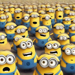 A chaotic scene where all the minions from the Despicable Me universe are scared and running, screaming and freaked out