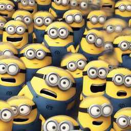 A chaotic scene where all the minions from the Despicable Me universe are scared and running, screaming and freaked out