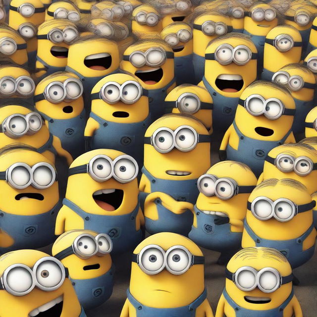 A chaotic scene where all the minions from the Despicable Me universe are scared and running, screaming and freaked out