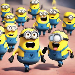 A chaotic scene where the minions from Despicable Me are scared and running, screaming and freaked out